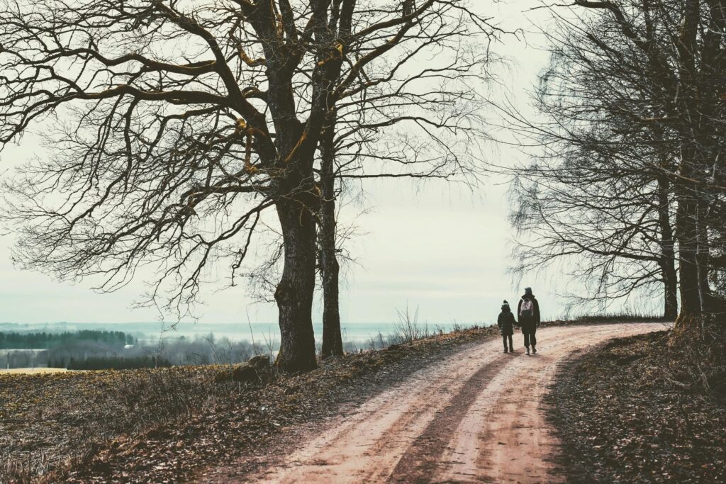 Winter countryside landscape of large leafless trees, a muddy path, two people walking along hand in hand, and a foggy town in the background